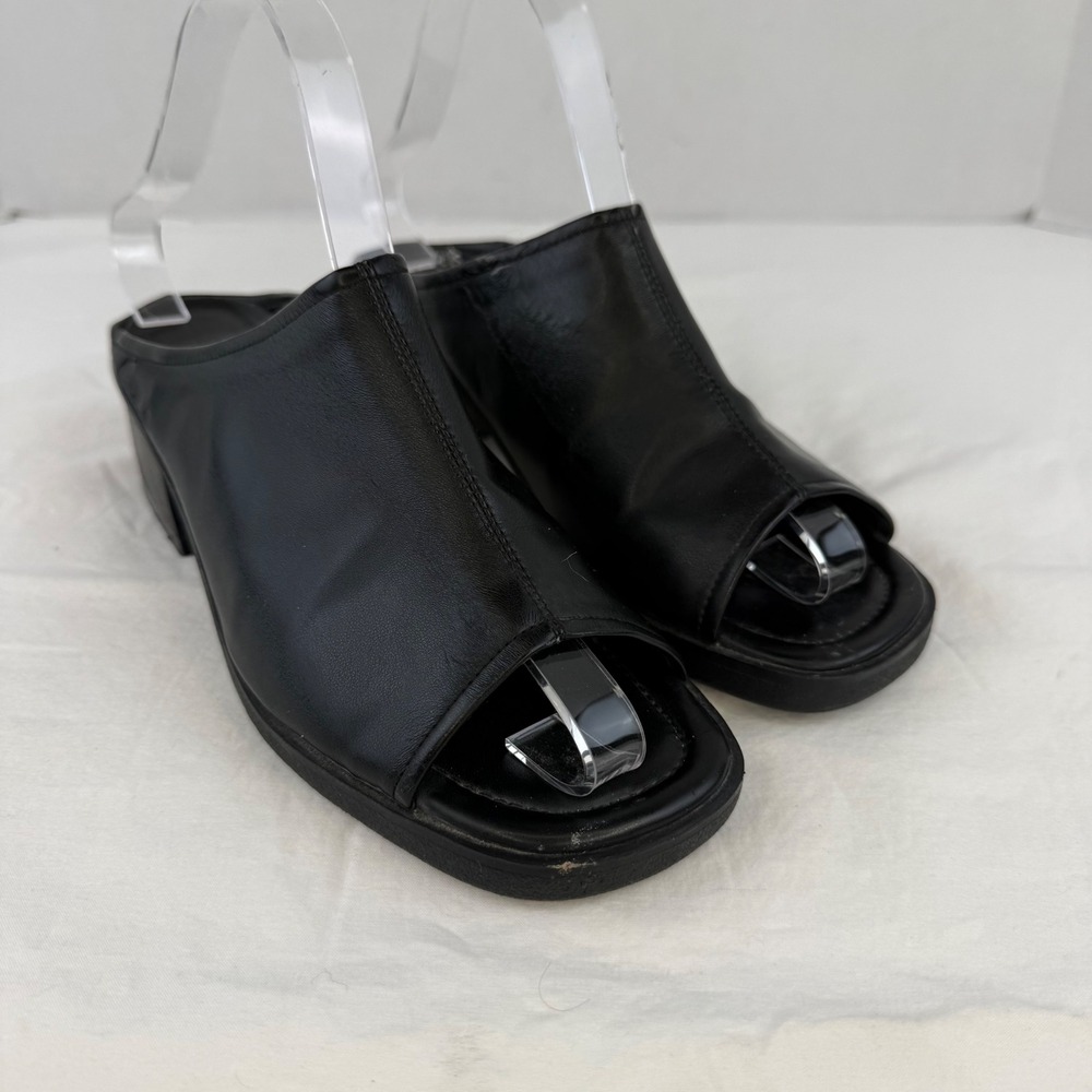 Vintage 90s Fashion Bug Black Chunky Block Heel Mules Open Toe Sandals Sunray 8M